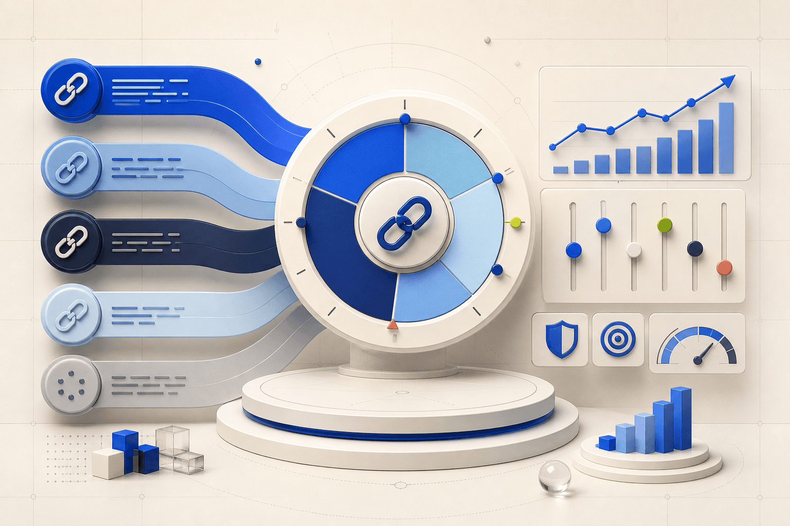 Editorial illustration of a balanced anchor text distribution control panel and growth chart
