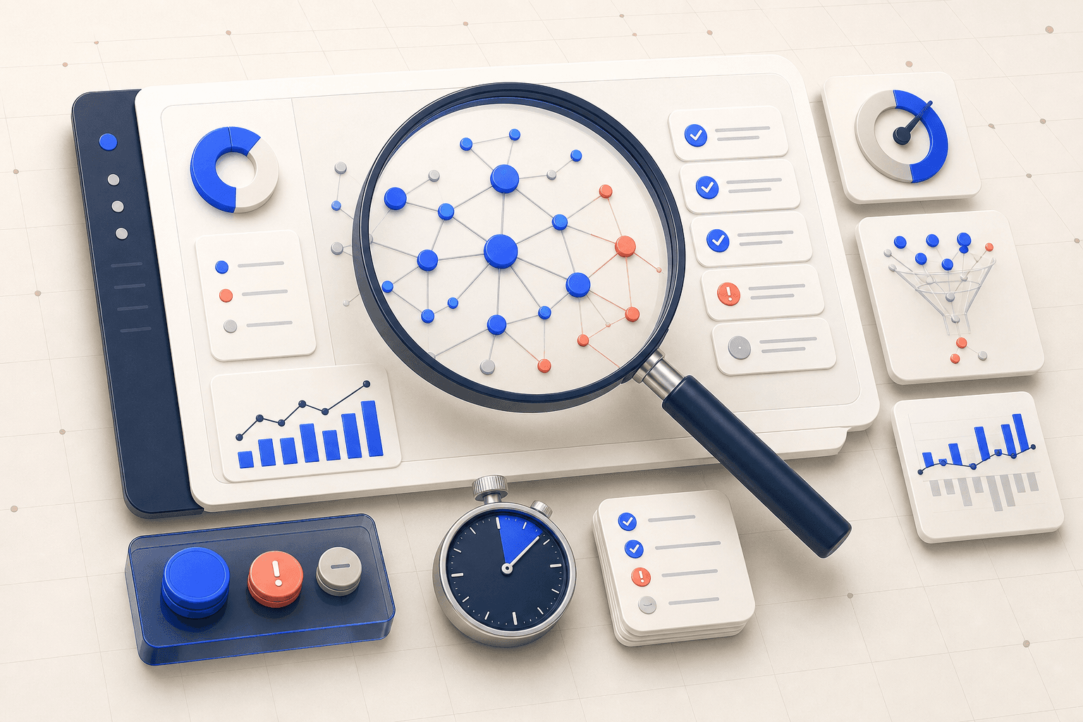Editorial illustration of a backlink network audit with a magnifying glass, filters, and timer