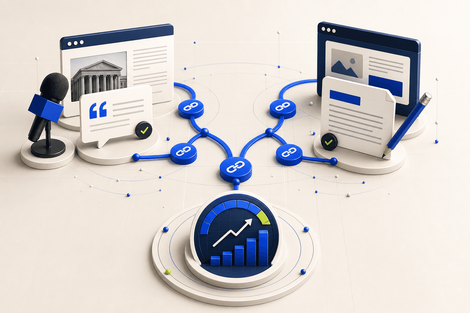 Editorial illustration comparing press outreach and guest post publishing paths to ranking growth
