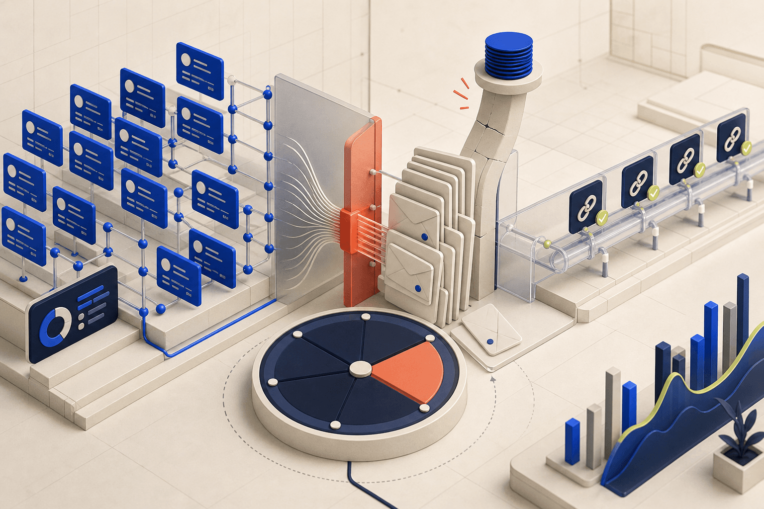 Editorial illustration of an outreach workflow narrowing into a resource bottleneck