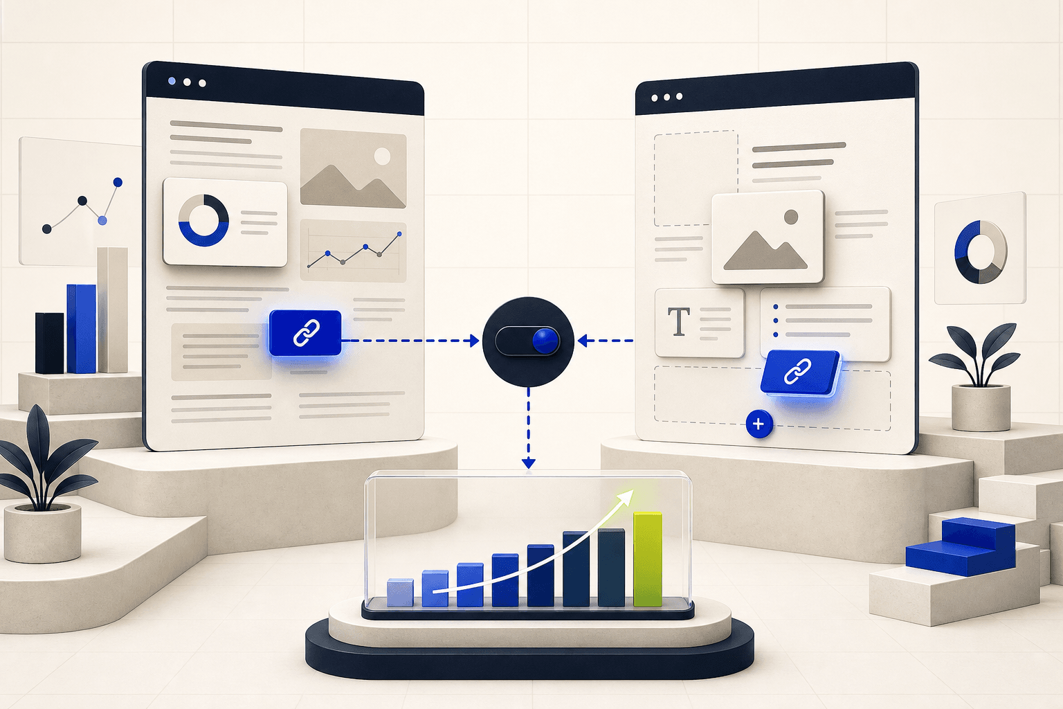 Editorial illustration comparing a link insertion in existing content with a newly published article
