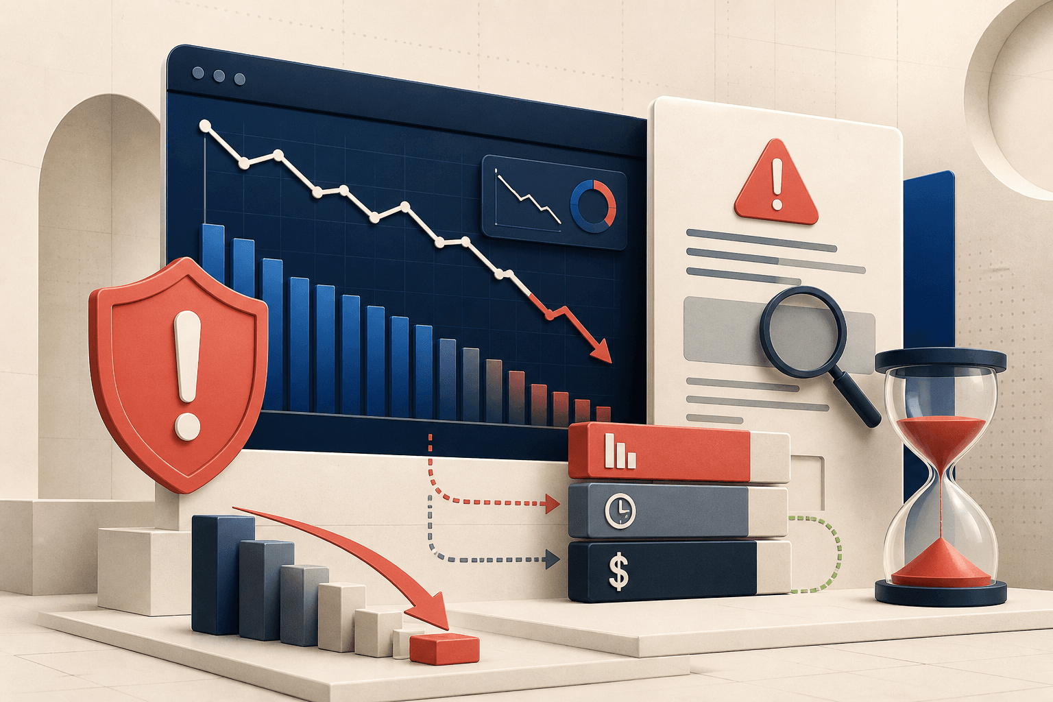 Editorial illustration of falling search traffic, penalty warnings, recovery time, and business cost