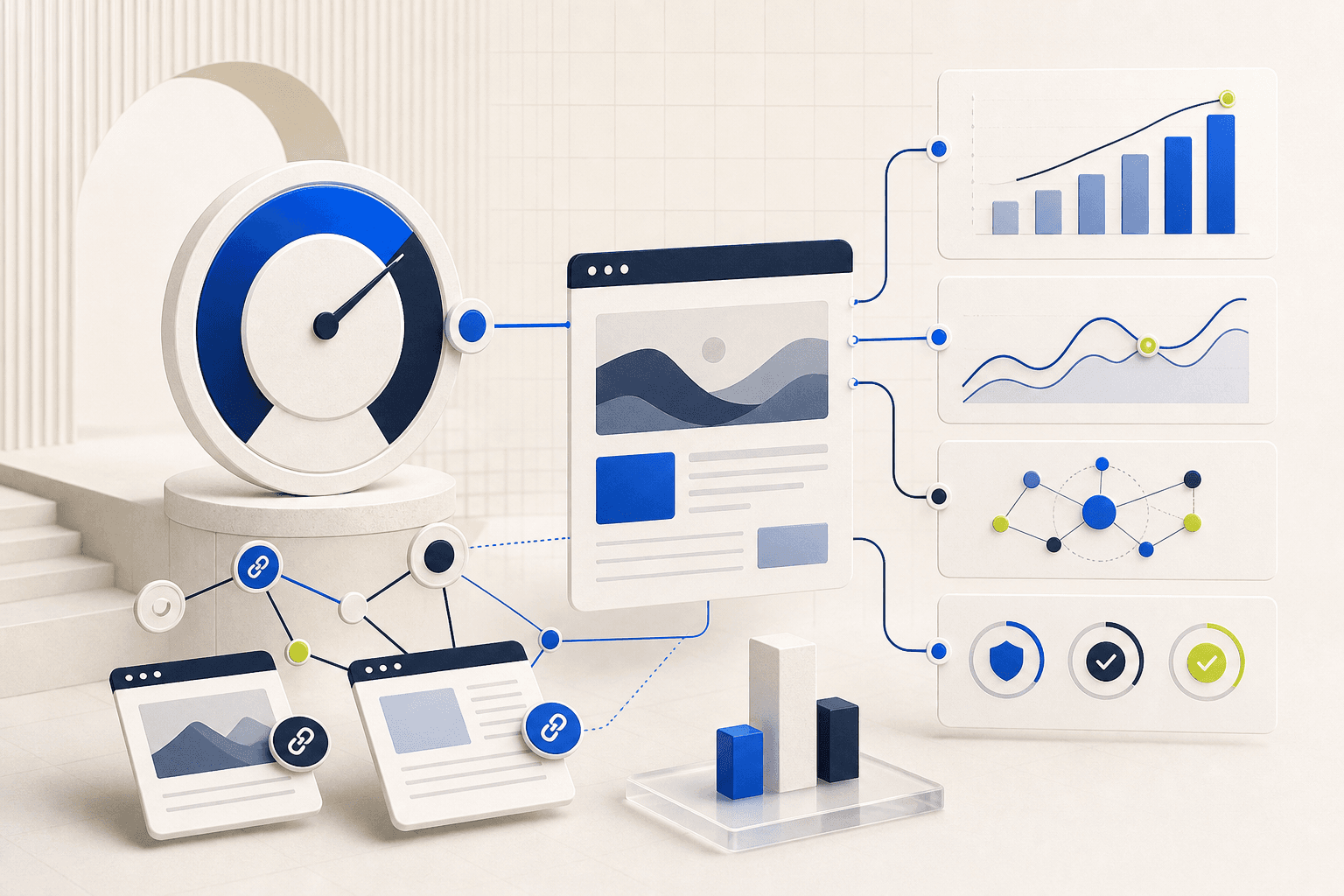 Editorial illustration of backlink quality signals connected to an SEO performance dashboard
