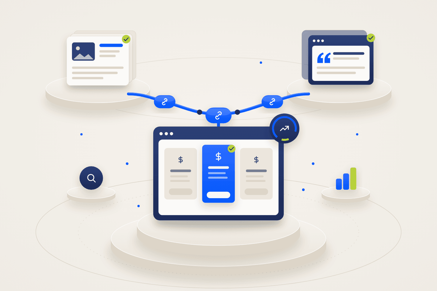 Soft 3D illustration: an article and a publication send chain links down into one highlighted pricing page on a pedestal, with a growth badge